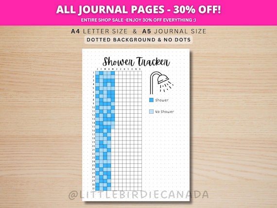 Shower Tracker - PRINTABLE Journal Page - Planner Page - Daily Tracker - Yearly Tracker - Hair Wash Tracker - Hygiene Tracker - Track Shower