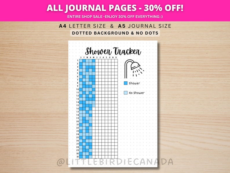 Shower Tracker - PRINTABLE Journal Page - Planner Page - Daily Tracker - Yearly Tracker - Hair Wash Tracker - Hygiene Tracker - Track Shower image 1