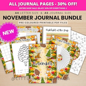 May include: A November journal bundle of printable PDF files in A4 and A5 sizes. The pages feature autumn-themed illustrations of foxes, deer, pinecones, and trees, with trackers for habits and moods, and text including November and Highlight of the Day.