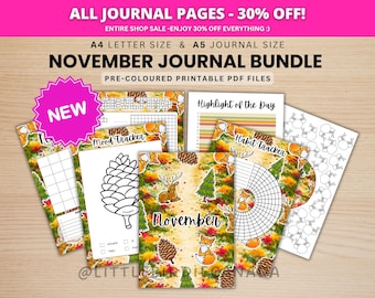 Peut inclure: Un ensemble de pages de journal de novembre en fichiers PDF imprimables aux formats A4 et A5. Les pages présentent des illustrations automnales de renards, cerfs, pommes de pin et arbres, avec des suivis d'habitudes et d'humeur, et du texte.