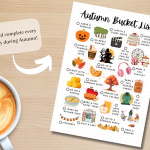 May include: A printable autumn bucket list with illustrations of fall activities, such as carving a pumpkin, watching a scary movie, going apple picking, and having a bonfire.