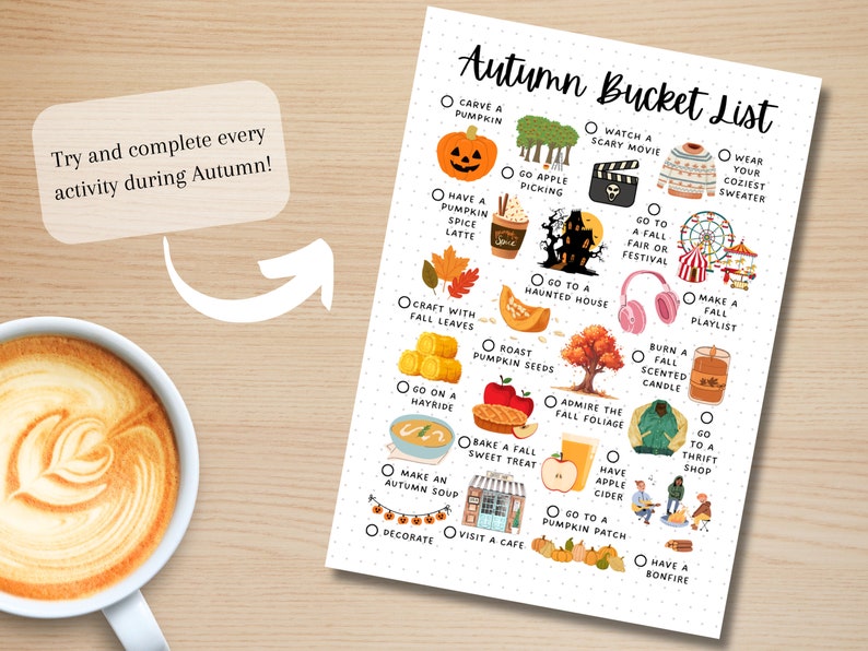 May include: A printable autumn bucket list with illustrations of fall activities, such as carving a pumpkin, watching a scary movie, going apple picking, and having a bonfire.