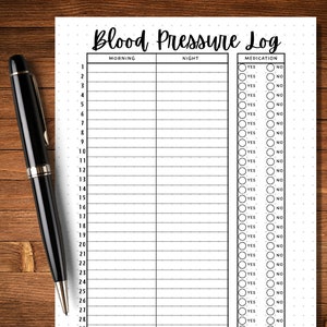 Peut inclure: Un journal de pression art&eacute;rielle imprimable en noir et blanc avec des colonnes pour le matin, la nuit et les m&eacute;dicaments. La colonne des m&eacute;dicaments comporte des cases &agrave; cocher pour oui ou non.