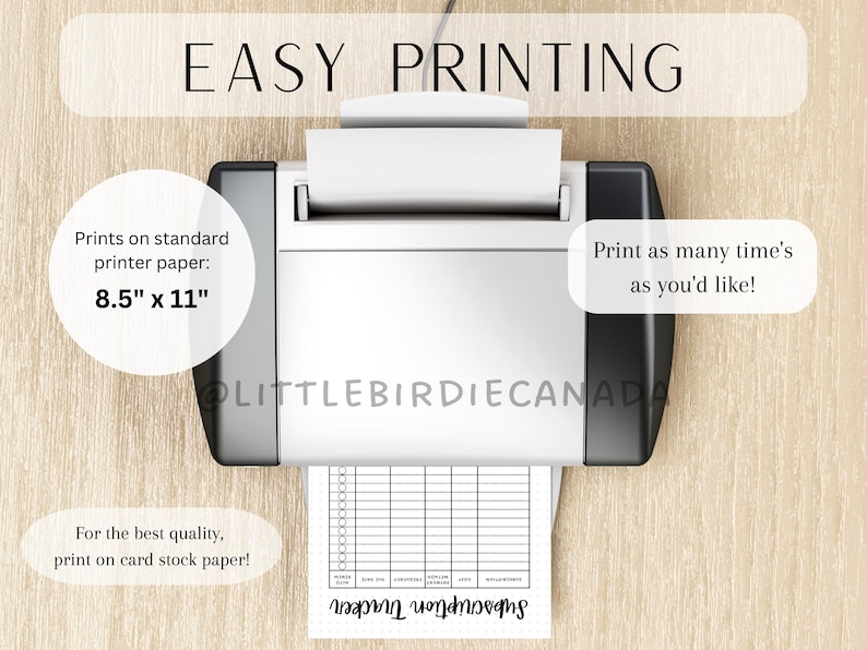 May include: A white printer with a black base and a sheet of paper with a printable checklist inside. The text "EASY PRINTING" is at the top of the image. The text "Prints on standard printer paper: 8.5" x 11" is on the left side of the image. The text "Print as many time's as you'd like!" is on the right side of the image. The text "For the best quality, print on card stock paper!" is at the bottom left of the image. The text "LITTLEBIRDIECANADA" is at the bottom center of the image.