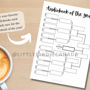 May include: A white sheet of paper with a black bracket-style chart labeled "Audiobook of the year." The chart has boxes for entries and months listed along the side. A coffee cup with latte art is in the corner.