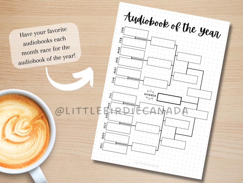 May include: A white sheet of paper with a black bracket-style chart labeled "Audiobook of the year." The chart has boxes for entries and months listed along the side. A coffee cup with latte art is in the corner.