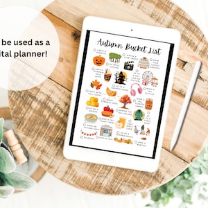 May include: A digital planner on a tablet with a white stylus. The planner is a checklist of autumn activities with illustrations of pumpkins, leaves, and other fall-themed items. The text on the planner reads "Autumn Bucket List".