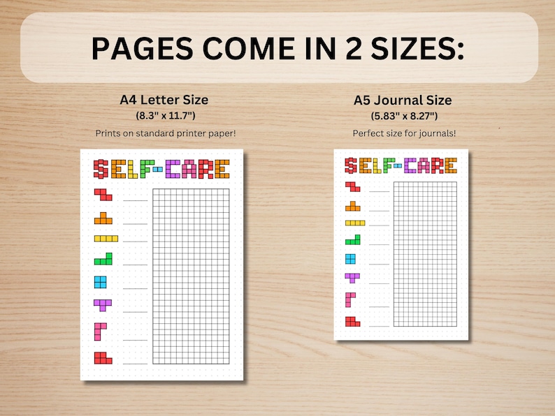 May include: Two white self-care journal pages with grid and dot patterns. The text "SELF-CARE" is at the top of each page. The left page is A4 size (8.3" x 11.7"), and the right page is A5 size (5.83" x 8.27").