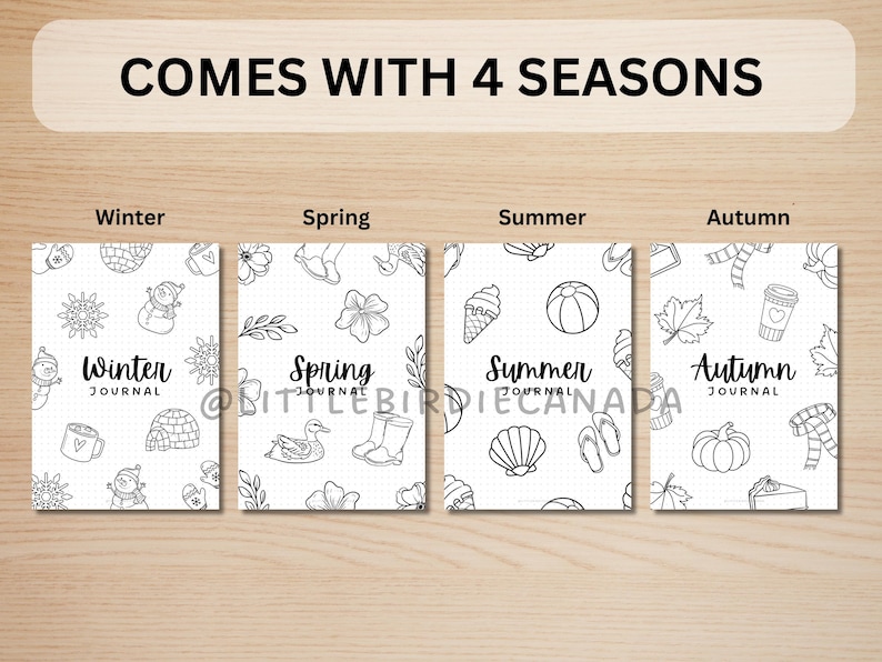 K&ouml;nnte beinhalten: Vier schwarz-wei&szlig;e druckbare Journal-Cover mit saisonalen Motiven. Die Cover enthalten Illustrationen von Winter, Fr&uuml;hling, Sommer und Herbst.