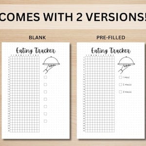 May include: Two printable versions of a black and white eating tracker. The tracker is a grid with 31 columns and 30 rows. The top of the tracker says "Eating Tracker". The left version is blank. The right version has checkboxes for 1, 2, or 3 meals.