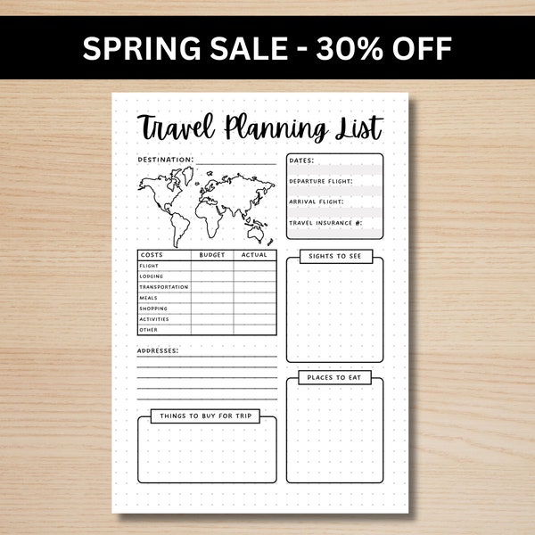 Travel Planning List - A5 Journal Page - PRINTABLE Tracker - Travel Planner Page - Vacation Planner - Travel Itinerary - Trip Planner