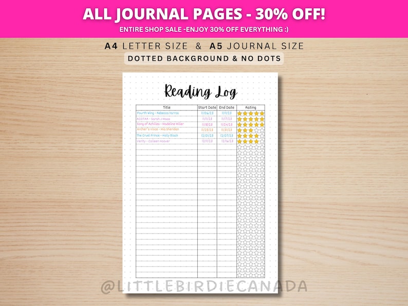 Reading Log Chart - PRINTABLE Journal Page - Planner Page - Book Tracker - Reading Tracker - Habit Tracker - Track Books Read - Book Journal image 1