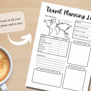K&ouml;nnte beinhalten: Eine druckbare Reiseplanungsliste mit Abschnitten f&uuml;r Reiseziel, Daten, Kosten, Sehensw&uuml;rdigkeiten, Restaurants und Dinge, die f&uuml;r die Reise gekauft werden sollen. Die Liste enth&auml;lt eine Weltkarte und einen Budget-Tracker.