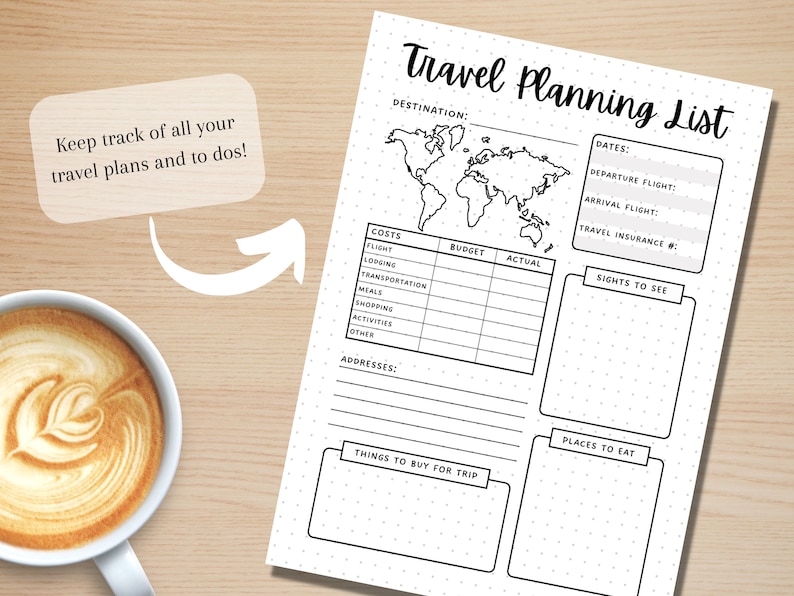 K&ouml;nnte beinhalten: Eine druckbare Reiseplanungsliste mit Abschnitten f&uuml;r Reiseziel, Daten, Kosten, Sehensw&uuml;rdigkeiten, Restaurants und Dinge, die f&uuml;r die Reise gekauft werden sollen. Die Liste enth&auml;lt eine Weltkarte und einen Budget-Tracker.