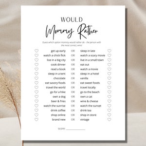 Peut inclure: Un jeu imprimable "Would You Rather" avec un design noir et blanc. Le jeu présente une liste de 16 questions avec deux options chacune. Les questions portent sur les préférences personnelles, comme savoir si quelqu'un préférerait se lever tôt ou dormir tard, regarder un film de filles ou un film d'horreur, etc.