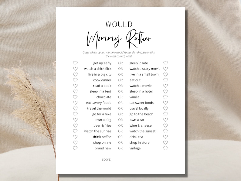 May include: A printable "Would You Rather" game with a black and white design. The game features a list of 16 questions with two options each. The questions are about personal preferences, such as whether someone would rather get up early or sleep in late, watch a chick flick or a scary movie, and so on.