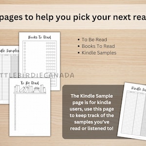 K&ouml;nnte beinhalten: Drei druckbare Seiten zum Verfolgen von B&uuml;chern, die man lesen m&ouml;chte, darunter eine Liste "Zu lesen", eine Liste "B&uuml;cher zum Lesen" und eine Liste "Kindle-Proben". Die Seite "Kindle-Proben" dient dazu, die gelesenen oder geh&ouml;rten Kindle-Proben zu verfolgen.