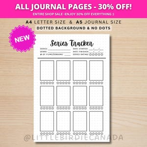 Può includere: Una pagina bianca del diario "Series Tracker" con uno sfondo a pois. La pagina include sezioni per serie, genere e valutazione, con il testo "Series Tracker" in alto. La parte superiore della pagina ha il testo "ALL JOURNAL PAGES - 30% OFF!"