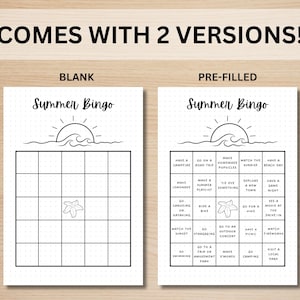 May include: Two printable summer bingo cards, one blank and one pre-filled with activities like making lemonade, going on a road trip, and watching fireworks. The cards feature a simple illustration of a sun setting over waves.