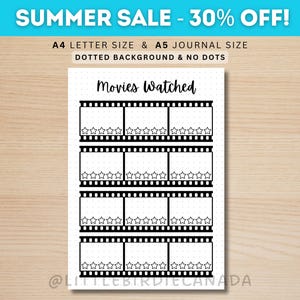 Movie Tracker - PRINTABLE Journal Page - Printable Planner Page - Track Movies Watched - Movie Log - Movie Watching - Journal Template