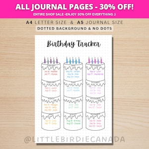 Rastreador de cumpleaños - Página de diario IMPRIMIBLE - Calendario de cumpleaños - Recordatorio de cumpleaños - Organizador de cumpleaños - Seguimiento de cumpleaños - Recordatorio de cumpleaños