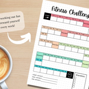 Pu&ograve; includere: Un tracker di sfida di fitness stampabile con sfondo bianco e puntini neri. Il tracker &egrave; diviso in 41 giorni con una sezione di inizio e fine. Il tracker include una sezione per i premi e un posto per registrare il peso iniziale, l'obiettivo e il peso finale.