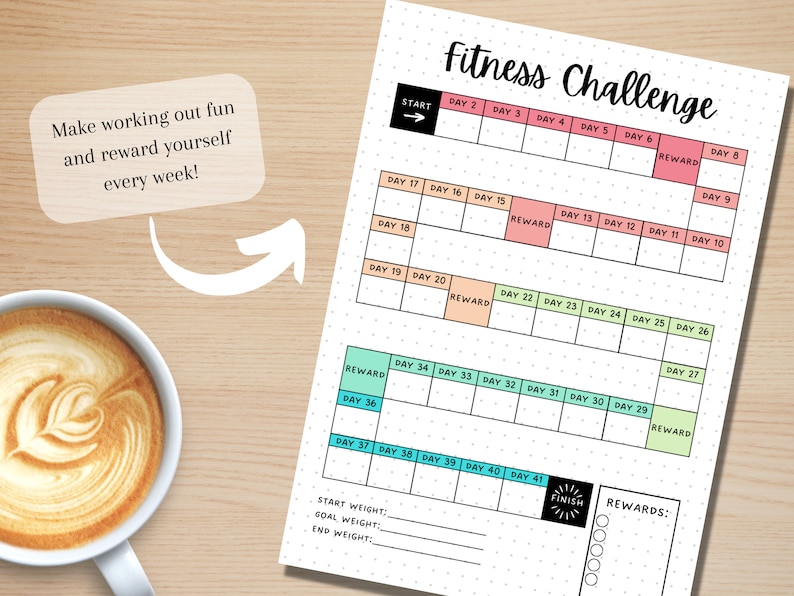 Pu&ograve; includere: Un tracker di sfida di fitness stampabile con sfondo bianco e puntini neri. Il tracker &egrave; diviso in 41 giorni con una sezione di inizio e fine. Il tracker include una sezione per i premi e un posto per registrare il peso iniziale, l'obiettivo e il peso finale.