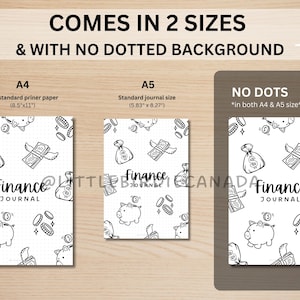 May include: Two black and white printable journal covers with a finance theme. The covers feature a repeating pattern of money bags, coins, and piggy banks. The text "Finance Journal" is printed on both covers. The covers are available in two sizes: 8.5 inches by 11 inches and 5.83 inches by 8.27 inches. The covers are available without a dotted background.