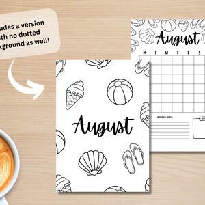May include: Black and white printable August calendar with a summer theme. The calendar features a beach ball, seashells, flip flops, and ice cream cones. The calendar includes space for monthly goals and notes.