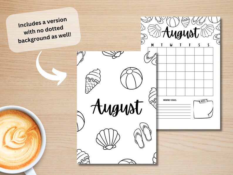 May include: Black and white printable August calendar with a summer theme. The calendar features a beach ball, seashells, flip flops, and ice cream cones. The calendar includes space for monthly goals and notes.