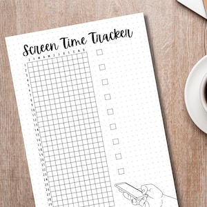May include: A printable screen time tracker with a grid for each month of the year and a checklist for tracking daily screen time. The tracker also includes a simple illustration of a hand holding a smartphone.