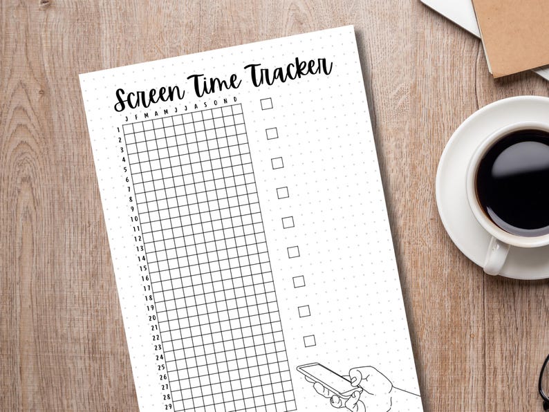 May include: A printable screen time tracker with a grid for each month of the year and a checklist for tracking daily screen time. The tracker also includes a simple illustration of a hand holding a smartphone.