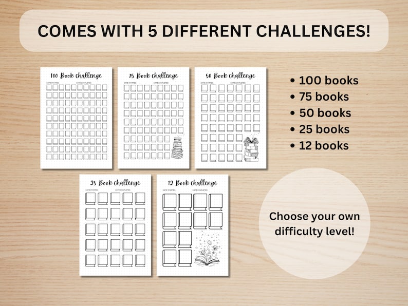 May include: Five printable book challenge trackers with different levels of difficulty: 100 books, 75 books, 50 books, 25 books, and 12 books. Choose your own difficulty level.