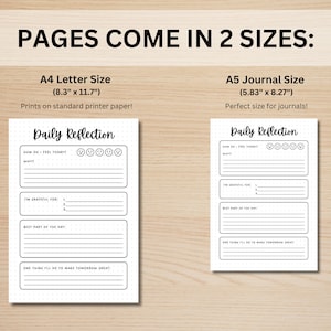 May include: Two printable daily reflection journal pages in two sizes: 8.3 inches by 11.7 inches and 5.83 inches by 8.27 inches. Each page has a dotted grid background and includes sections for how you feel today, what you are grateful for, the best part of the day, and one thing you'll do to make tomorrow great.
