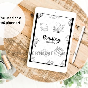 K&ouml;nnte beinhalten: Eine digitale Planervorlage mit wei&szlig;em Hintergrund und schwarzen Illustrationen von B&uuml;chern, Blumen und dem Text "Lesejournal".