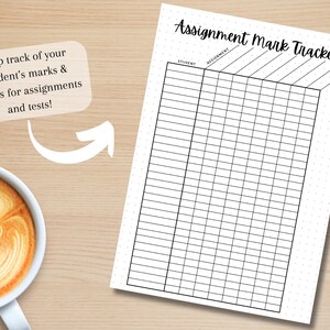 May include: A black and white printable assignment tracker with the text "Assignment Mark Tracker" at the top. The tracker has columns for "Student" and "Assignment" and rows for recording grades.