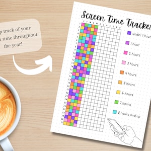 May include: A printable screen time tracker with a grid for each month of the year. The grid is color-coded to indicate the amount of screen time used each day, from under 1 hour to 8 hours or more.