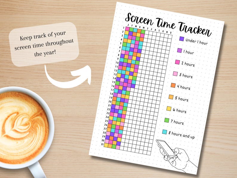 May include: A printable screen time tracker with a grid for each month of the year. The grid is color-coded to indicate the amount of screen time used each day, from under 1 hour to 8 hours or more.