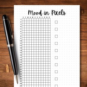 May include: A printable mood tracker with a grid of squares for each day of the year. The grid is labeled with the months of the year. There are checkboxes on the right side of the page.