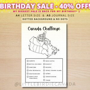 Défi Canada - Page de journal à imprimer - Page de planification de voyage - Défi de voyage - Liste de contrôle pour un voyage au Canada - Carte du Canada - Jeu de voyage
