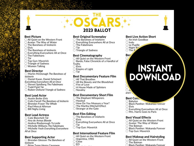 2023 Oscars Ballot 95th Academy Awards Predictions Watch Etsy Canada