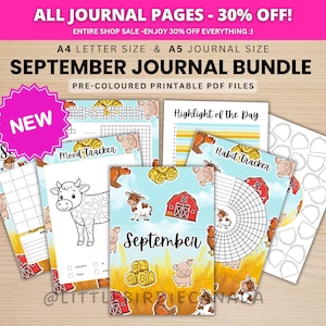 May include: A September journal bundle featuring pre-coloured printable PDF pages in A4 and A5 sizes. The pages include farm-themed illustrations of cows, pigs, barns, and hay bales, with sections for mood tracking, habit tracking, and daily highlights.
