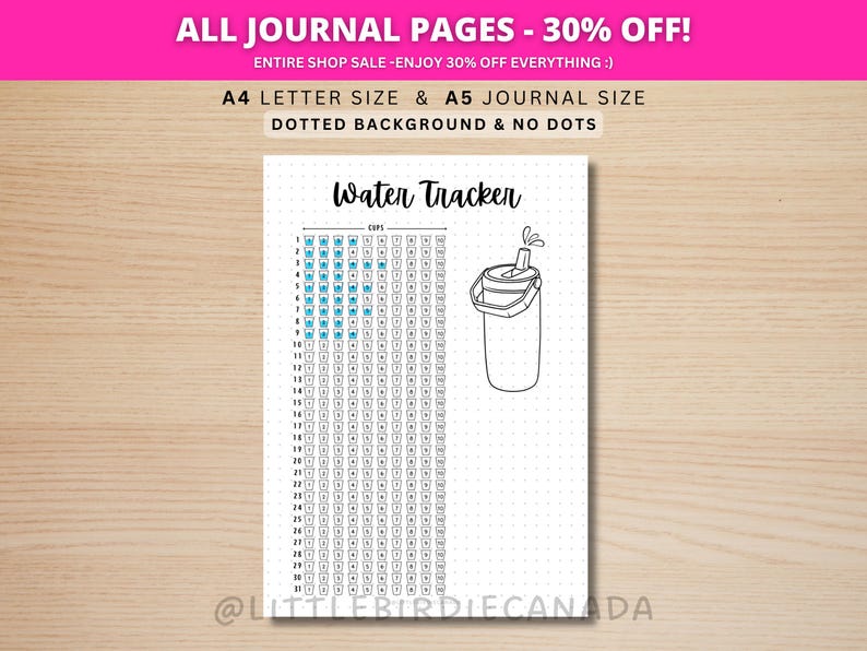 Water Tracker Monthly - PRINTABLE Journal Page - Planner Page - Daily Tracker - Monthly Tracker - Water Log - Health Tracker image 1
