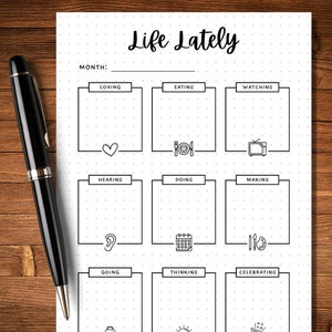 K&ouml;nnte beinhalten: Ein druckbarer "Life Lately"-Tracker mit gepunktetem Hintergrund. Der Tracker hat neun Abschnitte mit den &Uuml;berschriften: Lieben, Essen, Schauen, H&ouml;ren, Tun, Machen, Gehen, Denken und Feiern. Jeder Abschnitt hat ein kleines Symbol, das die Kategorie darstellt.