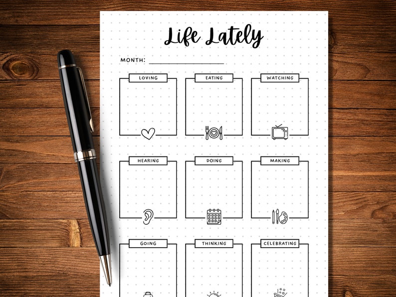 K&ouml;nnte beinhalten: Ein druckbarer "Life Lately"-Tracker mit gepunktetem Hintergrund. Der Tracker hat neun Abschnitte mit den &Uuml;berschriften: Lieben, Essen, Schauen, H&ouml;ren, Tun, Machen, Gehen, Denken und Feiern. Jeder Abschnitt hat ein kleines Symbol, das die Kategorie darstellt.