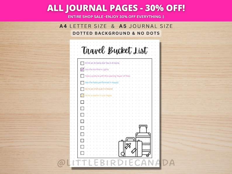 Travel Bucket List - PRINTABLE Journal Page -Planner Page - Travel List - Travel Tracker - Travel Goals - Travel Checklist - Travel Journal image 1