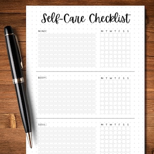 May include: Printable self-care checklist with sections for mind, body, and soul. Each section has a grid of circles for tracking daily activities.