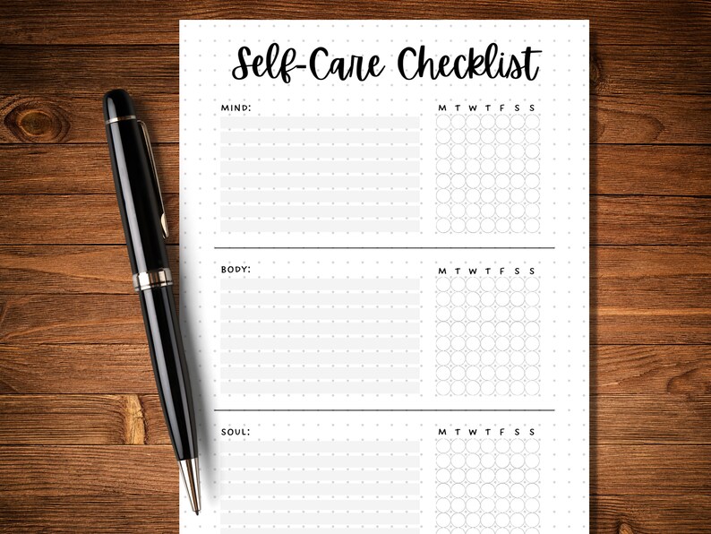 May include: Printable self-care checklist with sections for mind, body, and soul. Each section has a grid of circles for tracking daily activities.