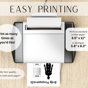 K&ouml;nnte beinhalten: Ein wei&szlig;er Drucker mit einem Blatt Papier, auf dem eine schwarz-wei&szlig;e Silhouette einer Person mit dem Text "NACHHER" und "VORHER" auf dem Papier gedruckt wird. Der Text "EINFACHES DRUCKEN" befindet sich oben im Bild. Der Text "Drucken Sie so oft Sie m&ouml;chten!" befindet sich auf der linken Seite des Bildes. Der Text "F&uuml;r beste Qualit&auml;t, drucken Sie auf Kartonpapier!" befindet sich unten links im Bild. Der Text "Drucken Sie auf Standard-Druckerpapier: 8,5" x 11" oder A5 Papier: 5,8" x 8,3" befindet sich auf der rechten Seite des Bildes.