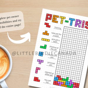 May include: A printable pet owner checklist in the style of Tetris. The checklist includes tasks like training, taking the pet for a walk, giving the pet a bath, and more. The checklist is designed to be filled in by coloring in the squares with different colors.